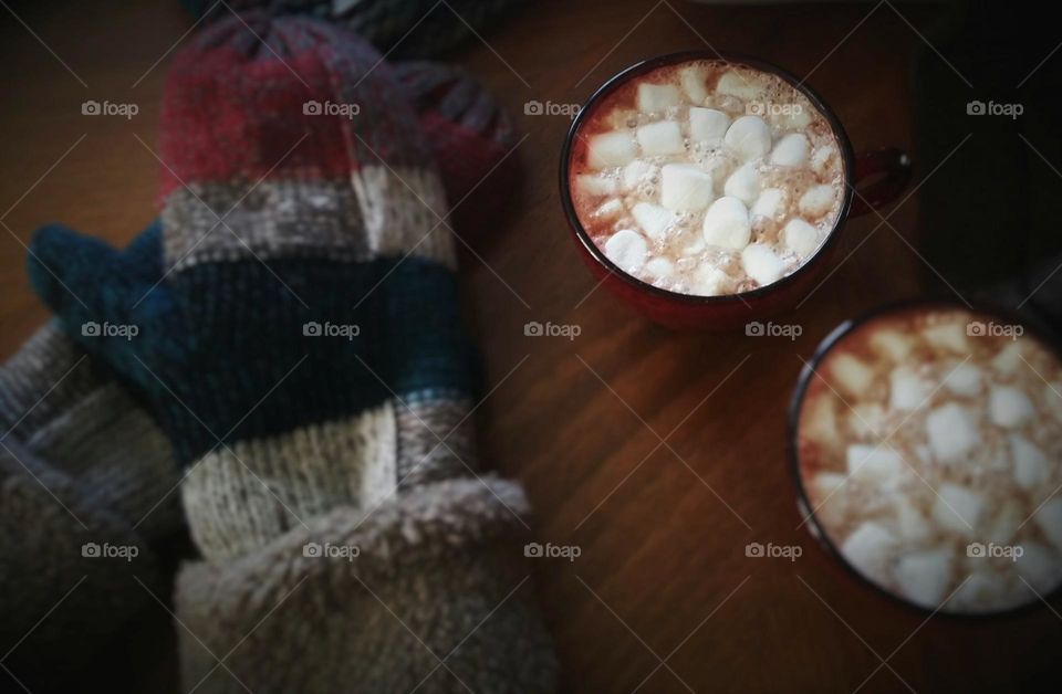 Winter Beverages Hot Cocoa with marshmellows & warm mittens