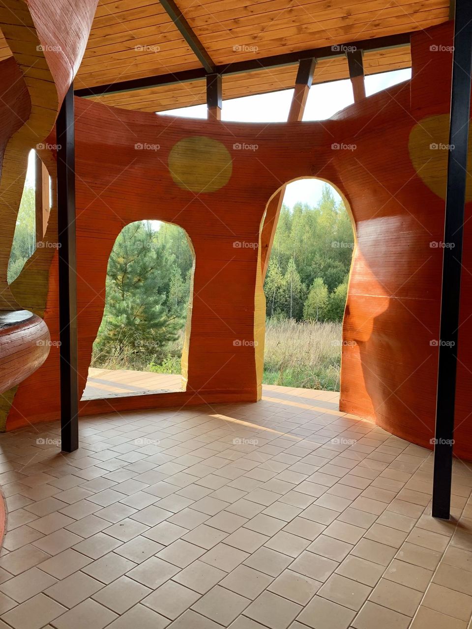 Light and shadow create a face-like shape in an abstract structure