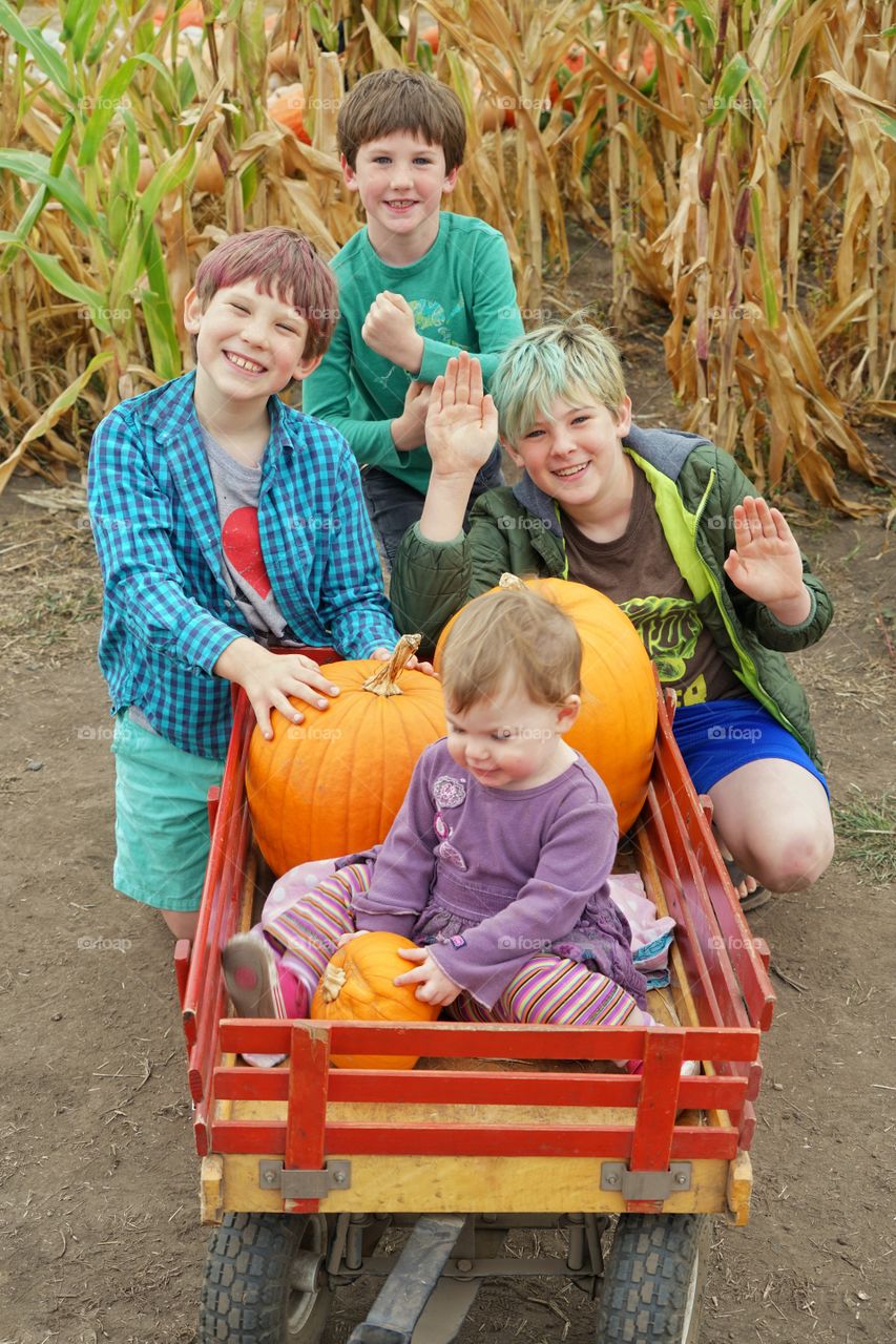 Happy Young Siblings In A Halloween Pumpkin Patch