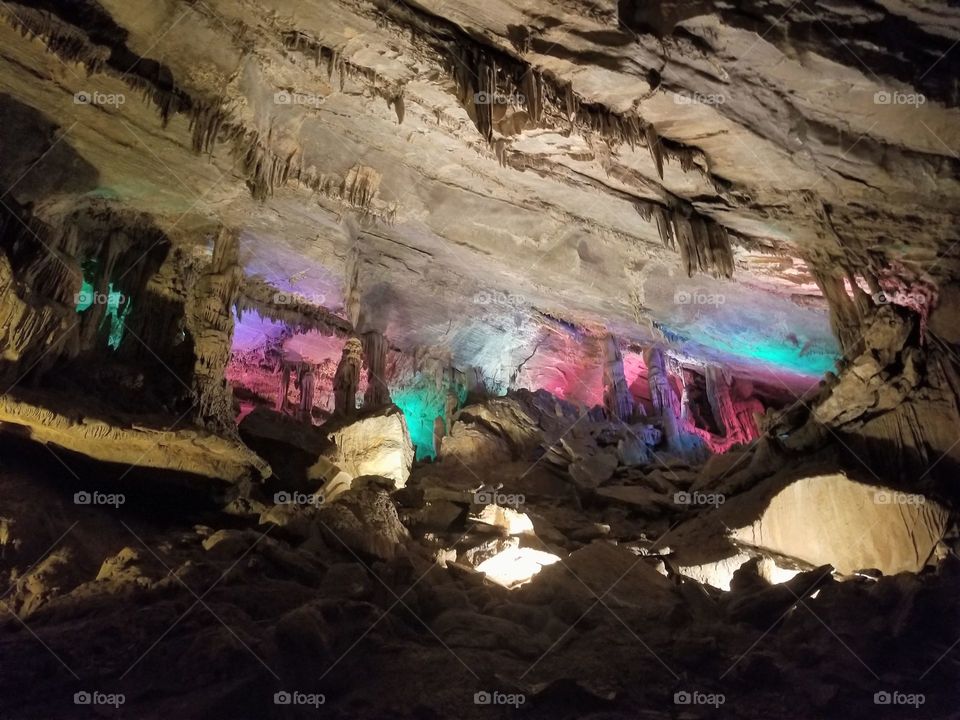 colored lights in water cavern