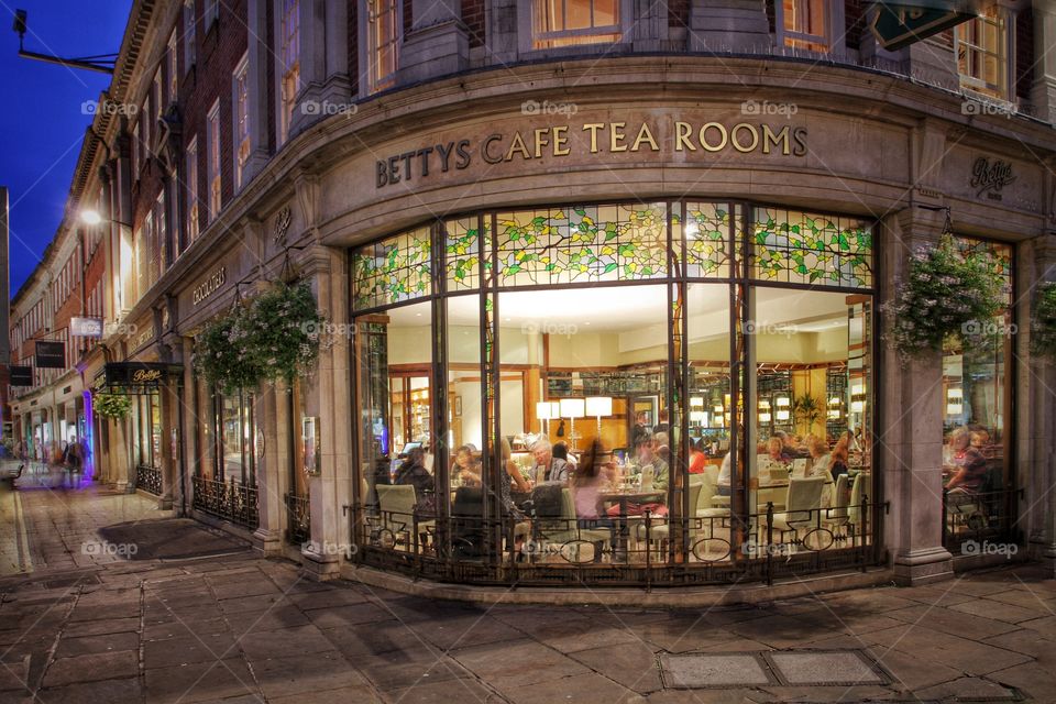 The exterior of the popular tourist tea rooms known as Betty's in the English city of York at night.