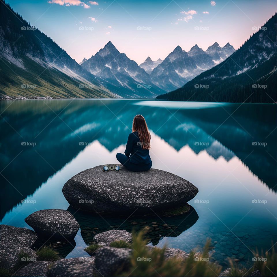 a woman sitting on a rock in front of a lake