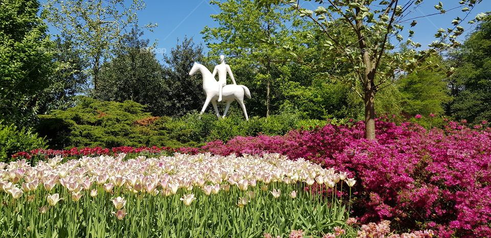 statue, horse, Park, Flowers, Tree, Sky, sim, Spring, Tulips, Colorful, leafs