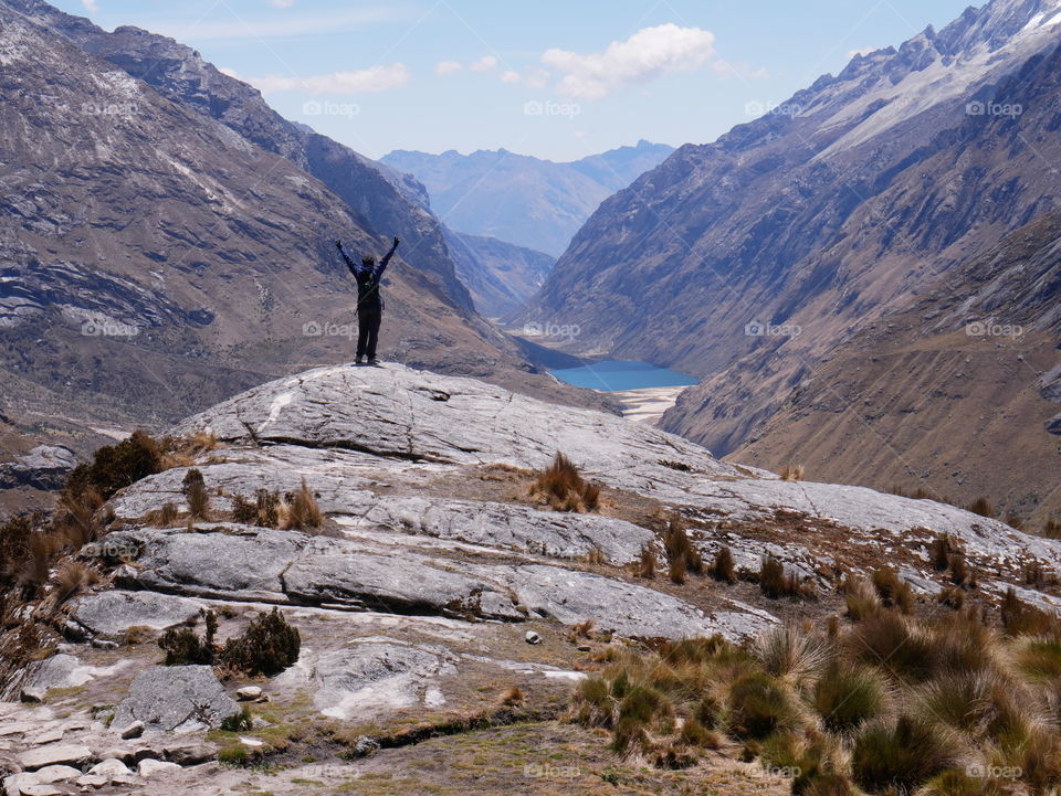 Woman hiking in Cordilliera Blanca mountains near Huaraz, Peru