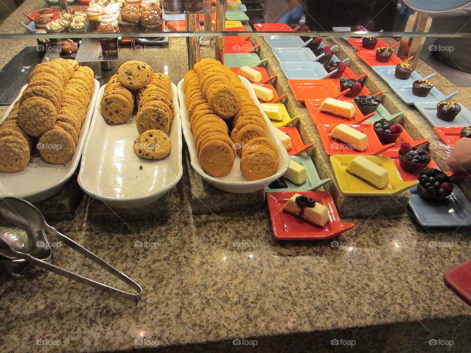Cookies and Desserts on Colorful Plates.  Dessert Buffet, Caesar's Palace, Las Vegas