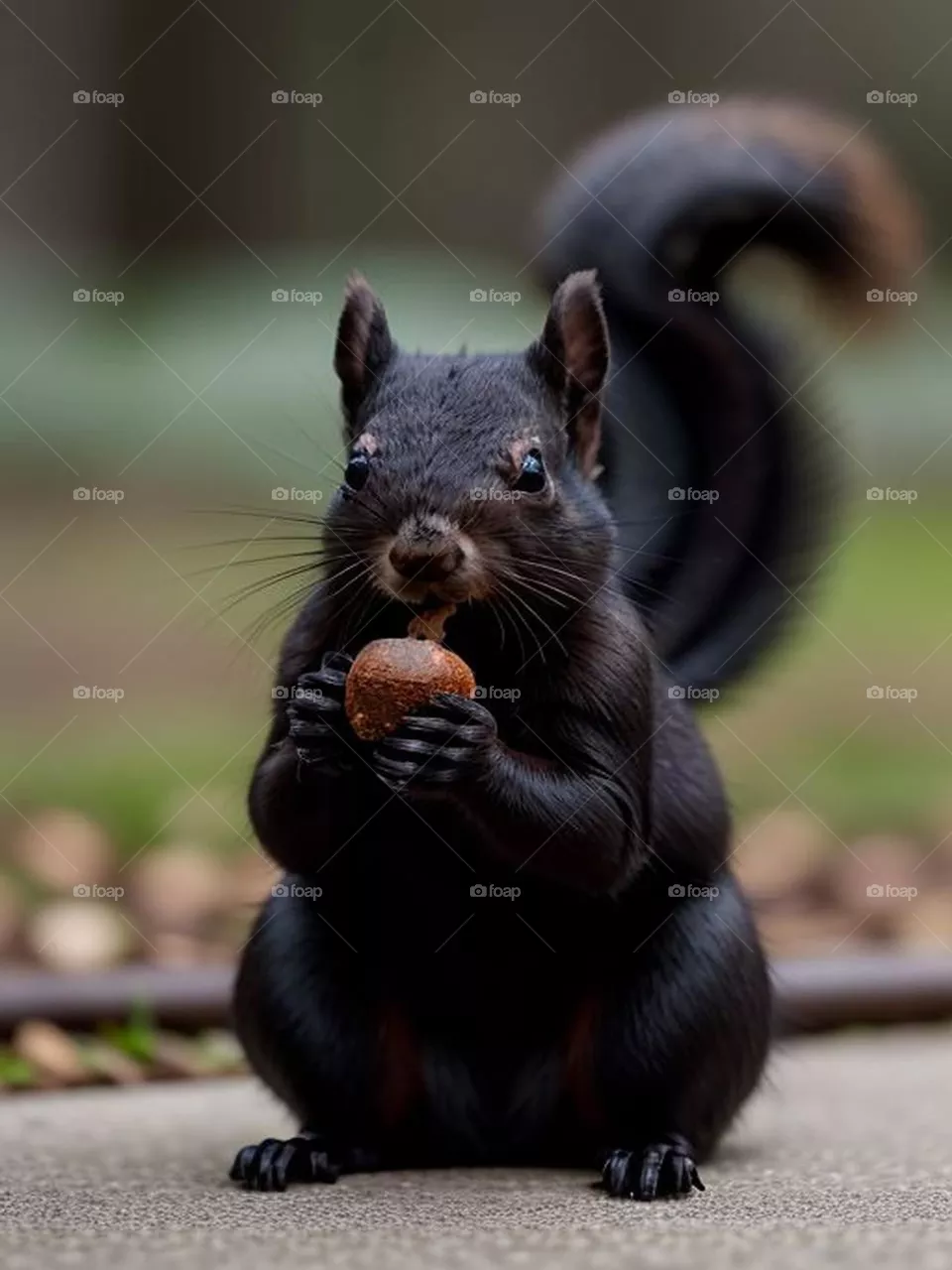 Beautiful black squirrel eating a fruit