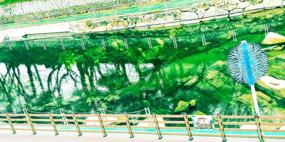 The shadows and reflections of those trees and the fences wall on the rivers water.