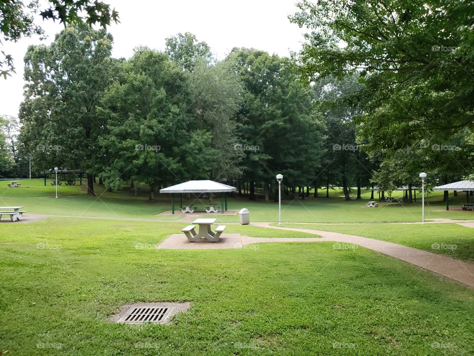picnic anyone? Green grass big oak trees and a picnic table...perfect.