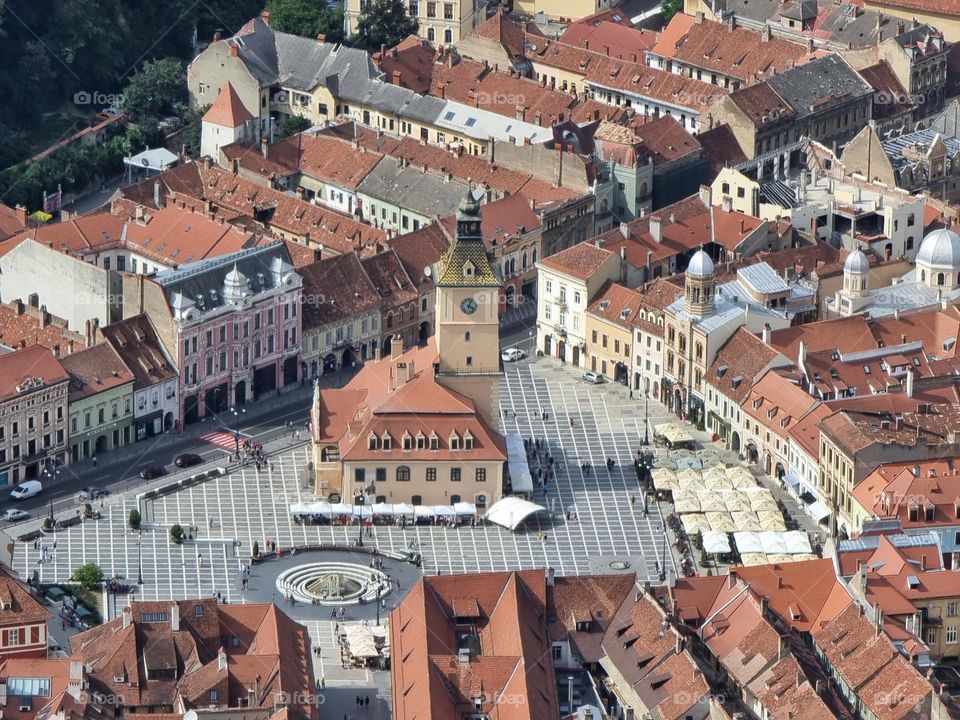 View on the historic centre of Brasov city, with church on a square, seen from the Tampa mountain