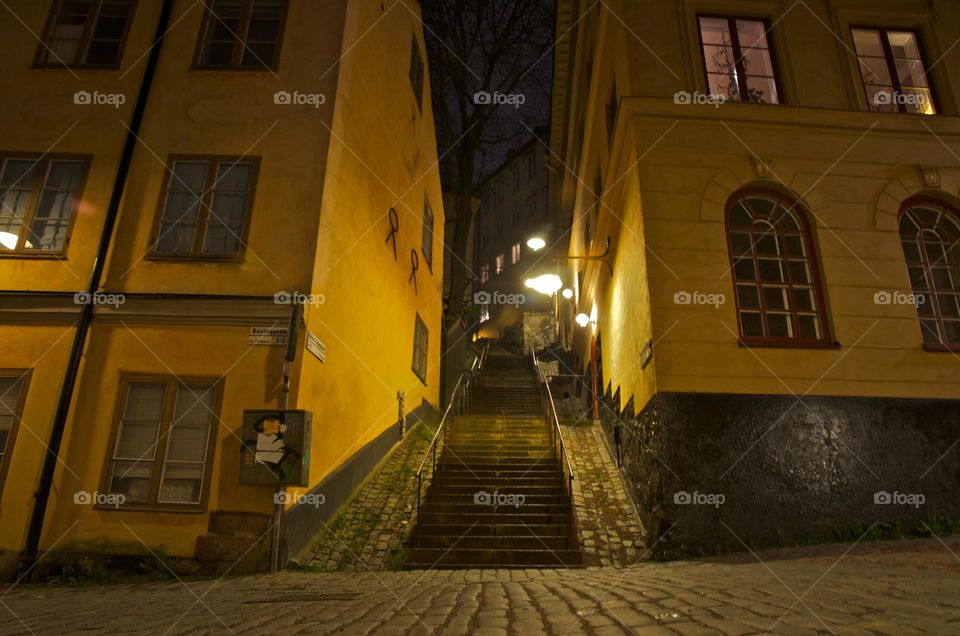 Stockholm cobblestone streets at night