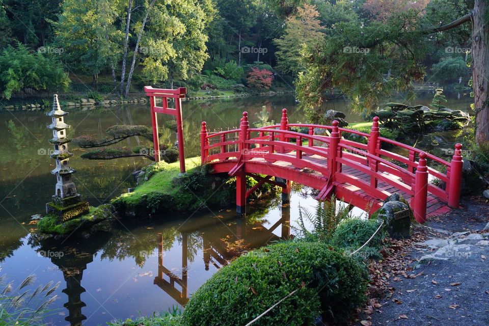 Pont rouge dans un jardin japonais