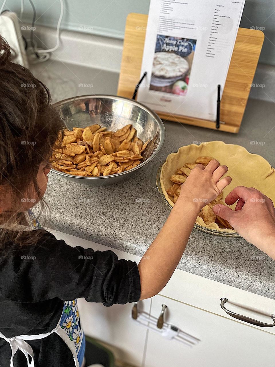 Toddler helps mommy bake a pie, baking at home, baking with toddlers, mommy and me time 