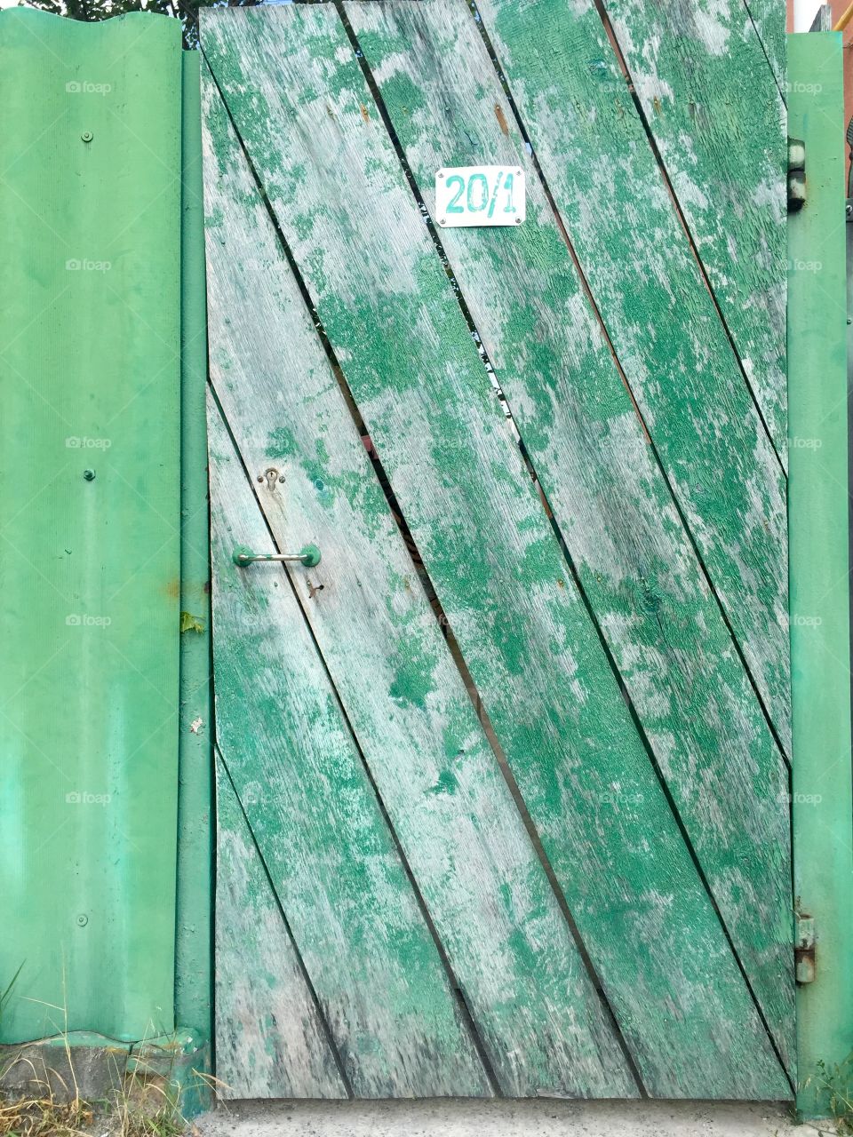 Old green door of wooden fence