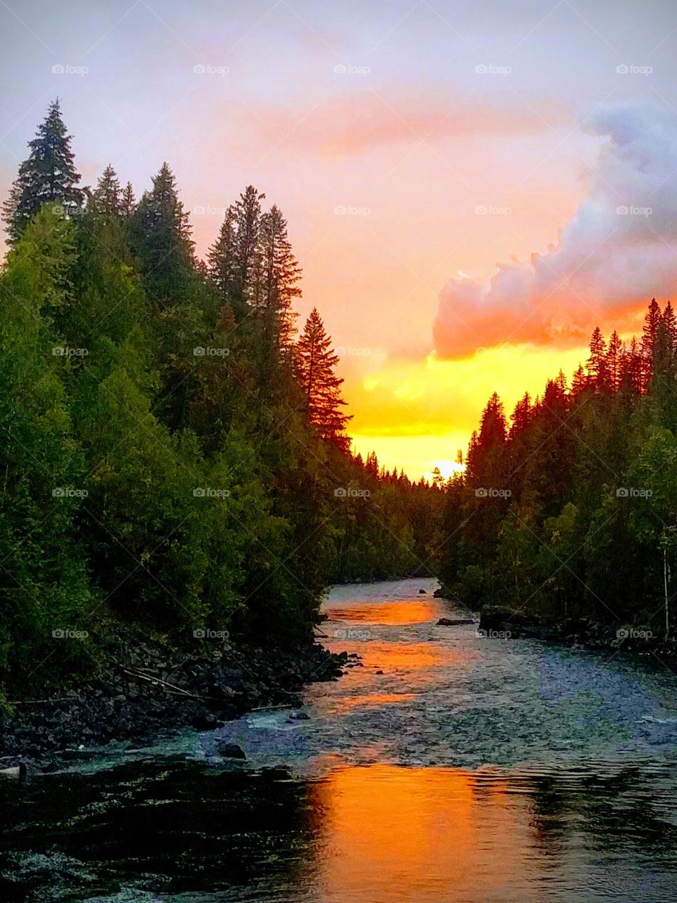 view over Dawson falls Canada during sunset
