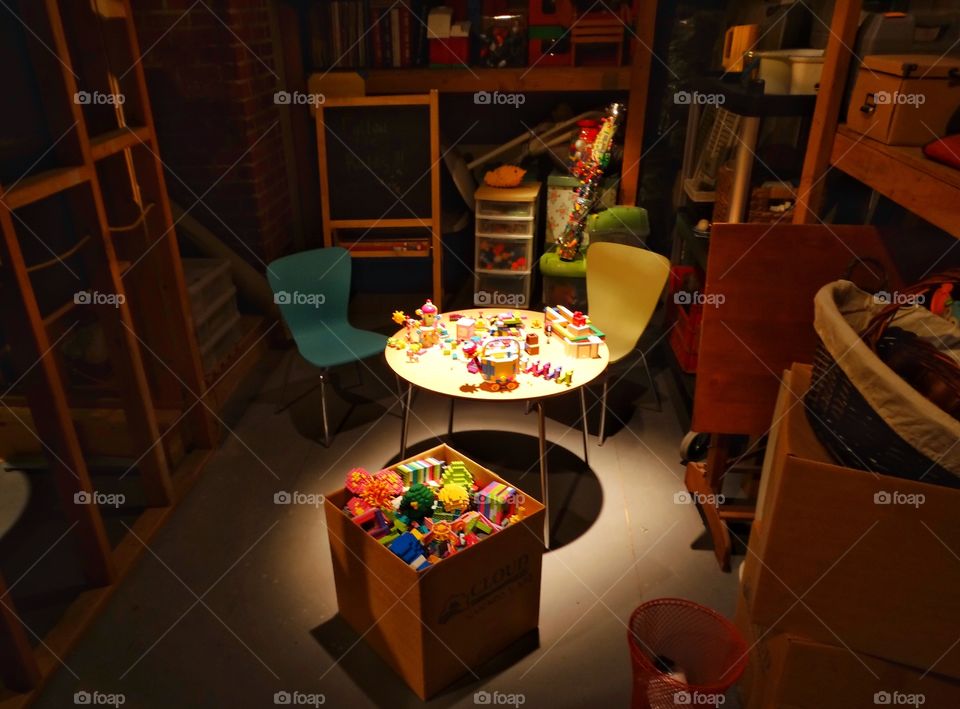 Desk From Above. Child's Play Table In The Basement
