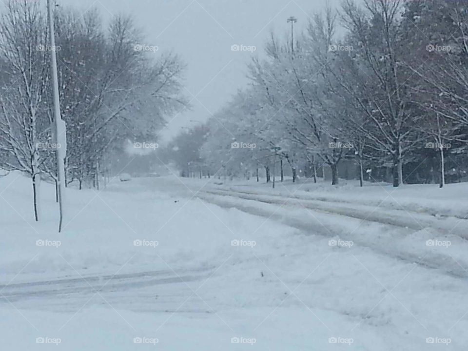 Snowy road in Fargo, North Dakota