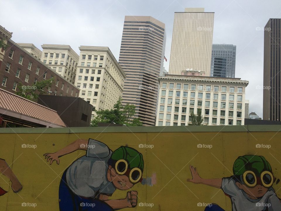 Skyline view with graffiti underneath 