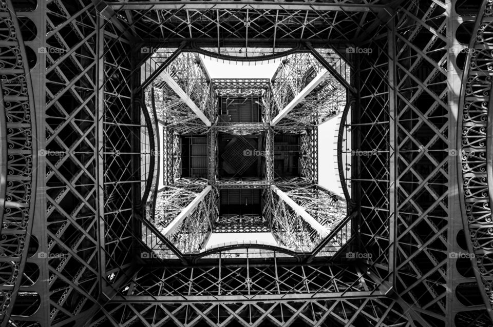 Eiffel tower. Eiffel tower from underneath in black and white