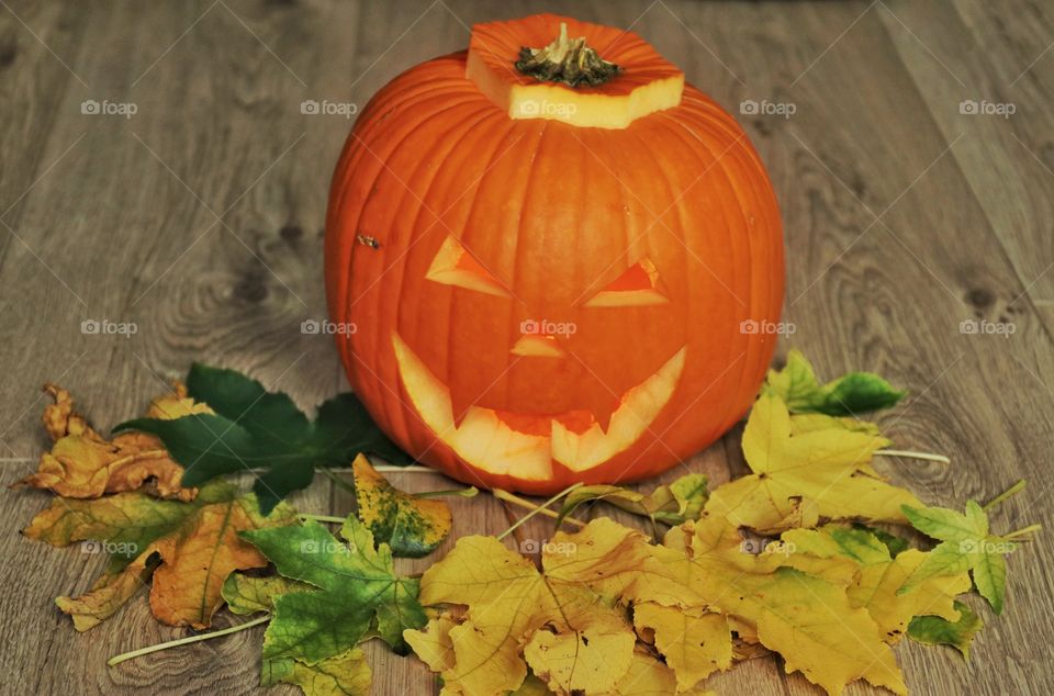 Pumpkin with leaves on the wooden floor 