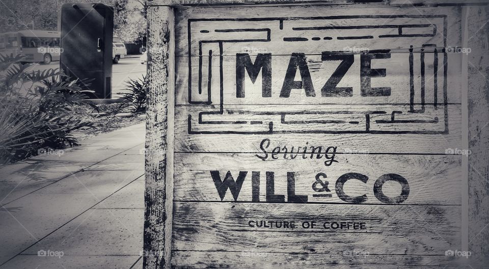 Sign board to the Maze take-out coffee shop at the University of New South Wales, Sydney, Australia. Monochrome version.