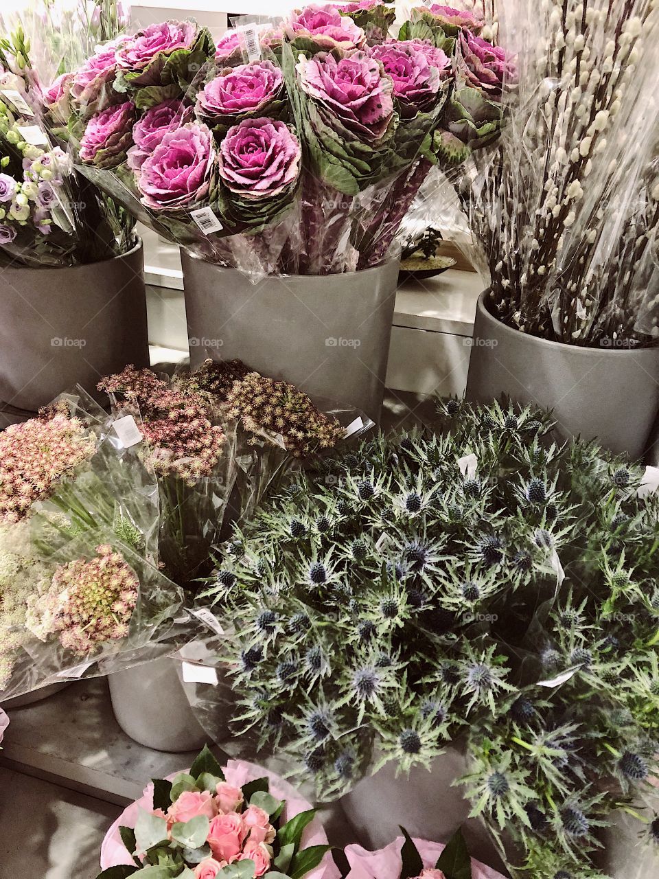 Selection of flowers at the florists in shades of green and pink. Includes crimson cabbage roses, thistles and willow