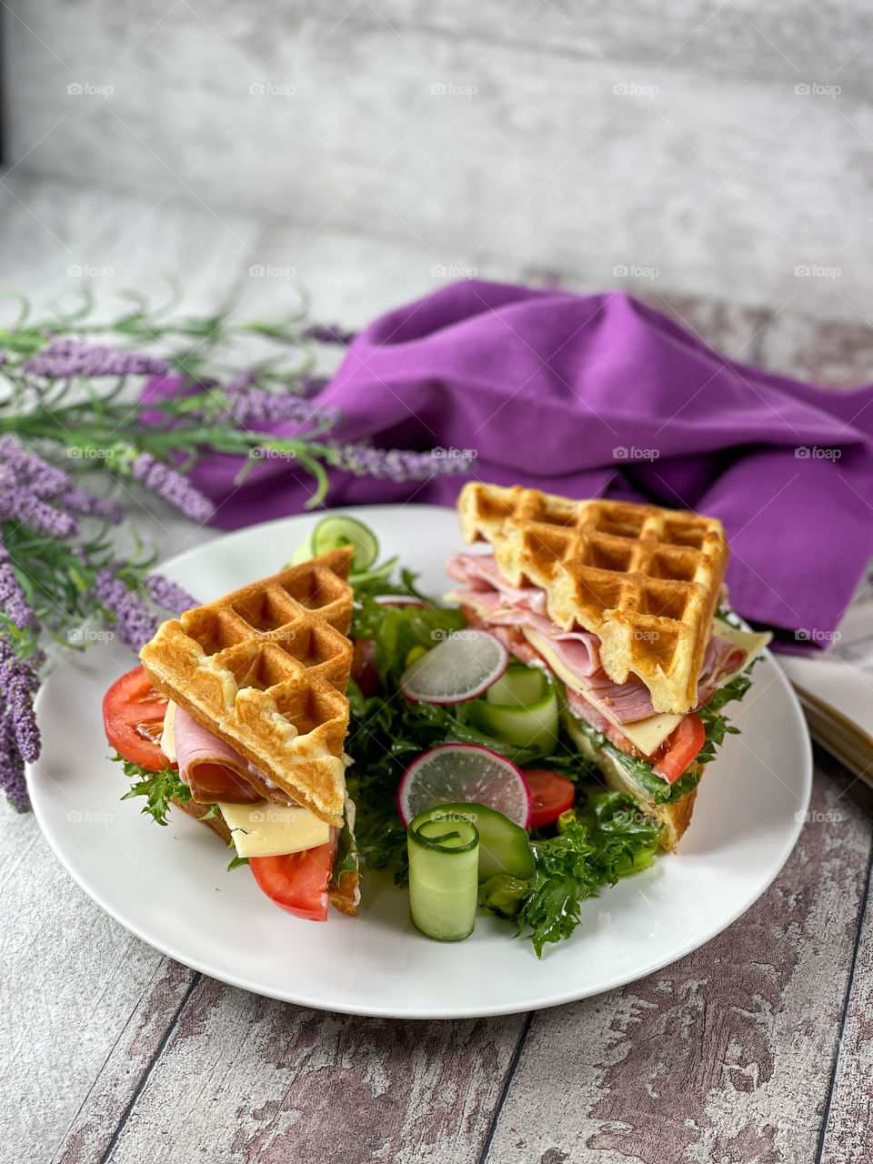 Belgian waffles ham and cheese sandwich