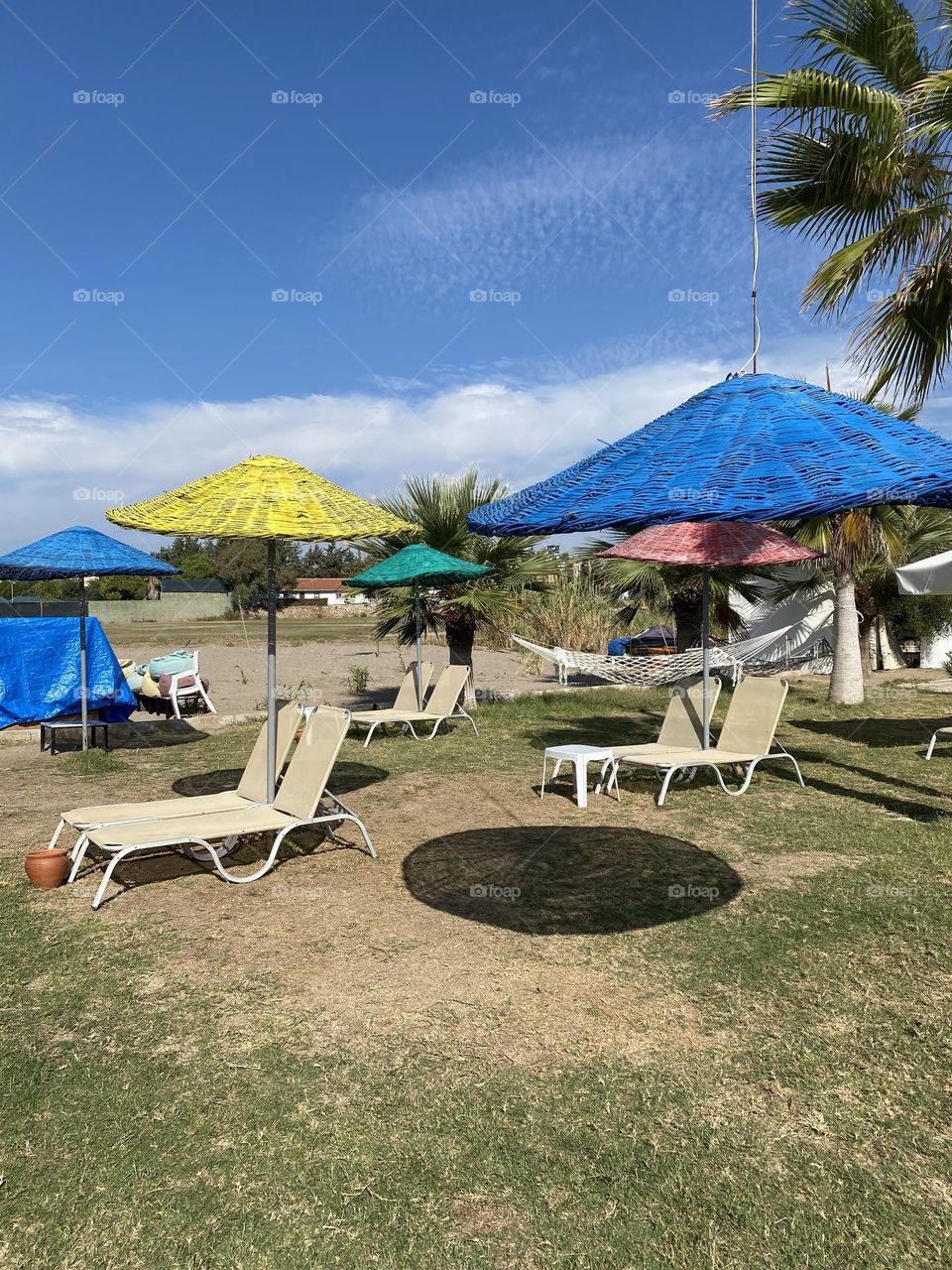 Shadows of umbrellas on the beach 