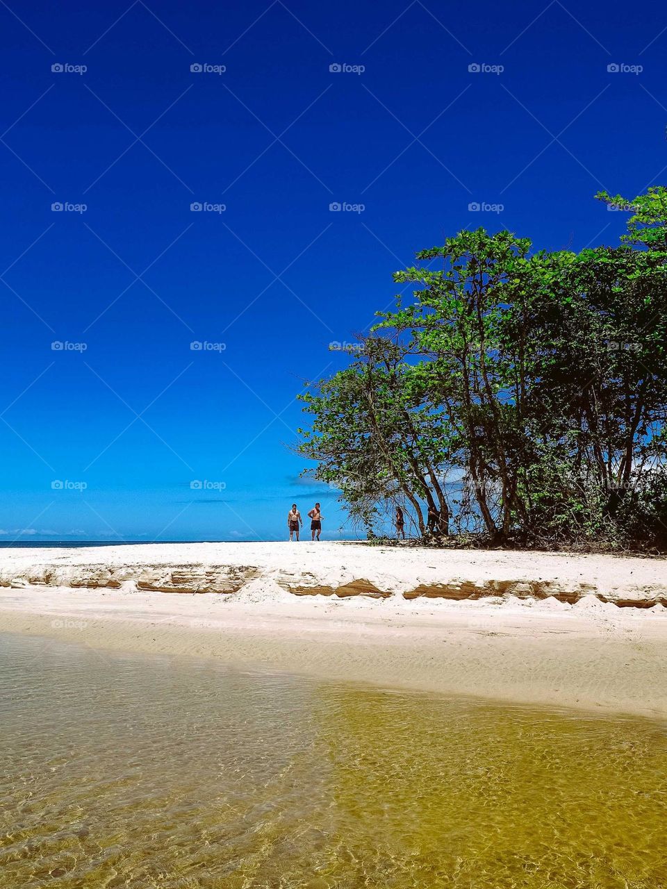 People on the beach, next to a river. There's a beautiful Blue Sky, some trees and two persons standing at the distance.
Holiday Vacation Summer Paradise.