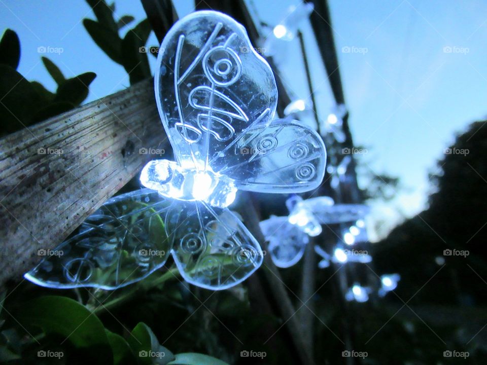 Butterfly fairy garden lights lit up at dusk