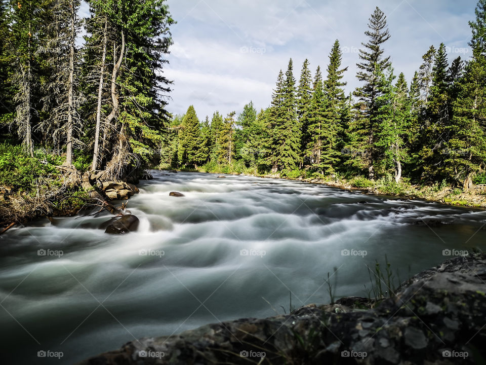 silky, long exposure river in the mountain forest