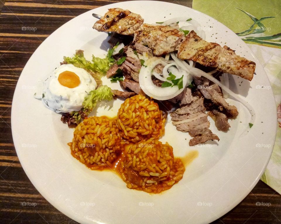 Greek Food - Suflaki, Gyros with Rice and Salad