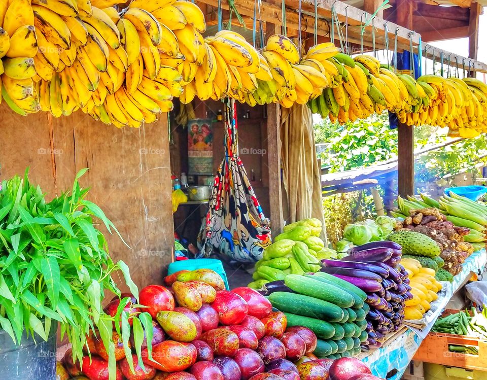 colorful tropical fruit and vegetable stand