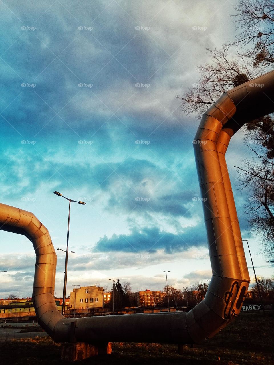 Beautiful sunset postindustrial background