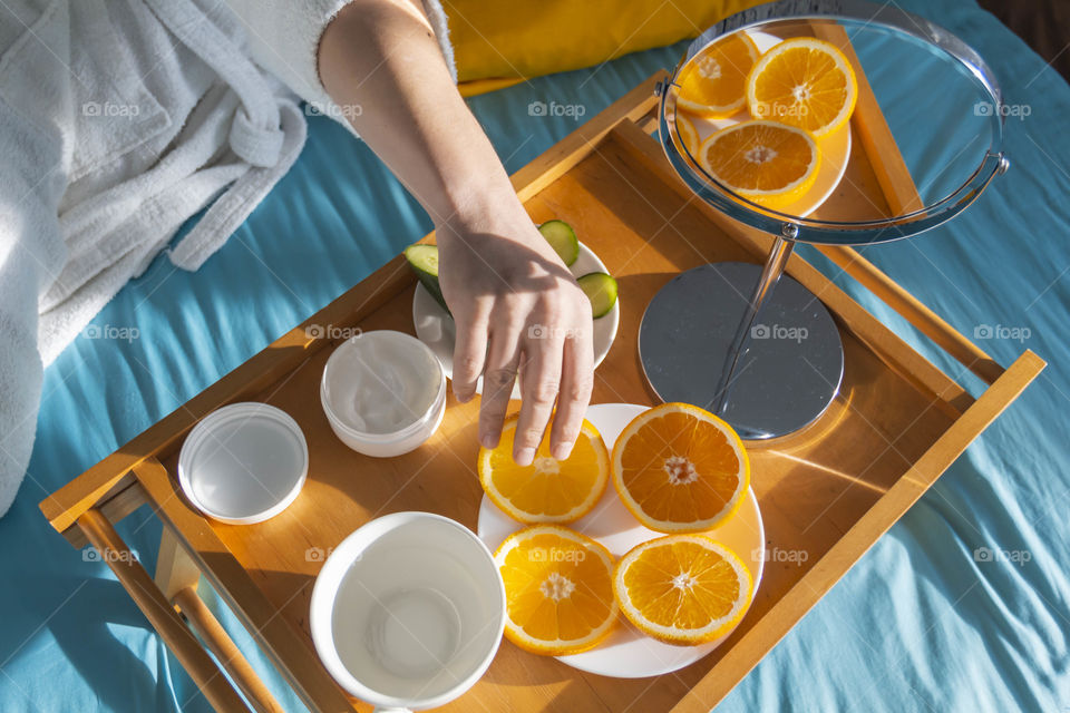 Man eating breakfast with vegetables and fruits