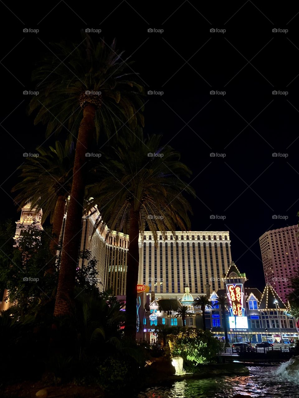 View of the The Venetian Resort from The Mirage Volcano at night 
