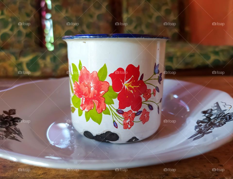 old tin bowl, beautiful floral pattern