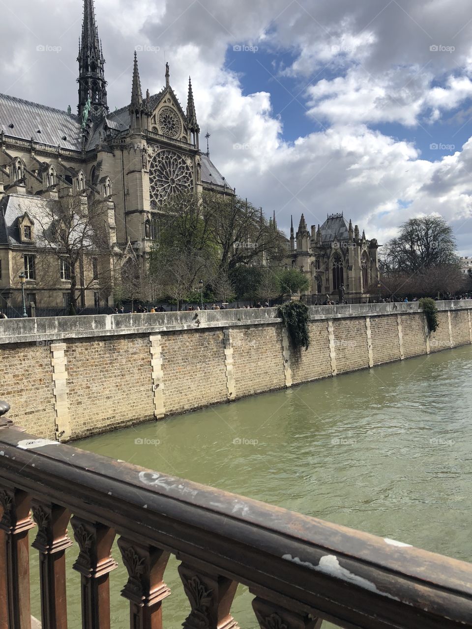 A view of the Seine River and the back of the Notre Dame Cathedral in Paris, France. 