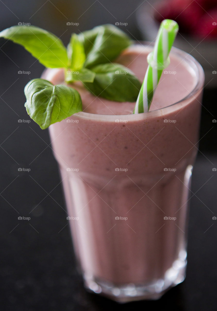Raspberry and basil smoothie in Spring,only daylight.