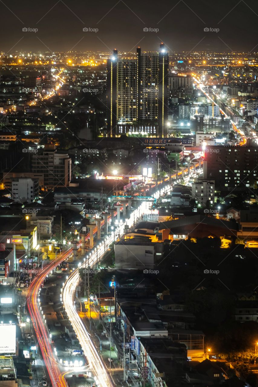 Thailand-March 04 2020:Light of city scape in The first Curfew night in Bangkok