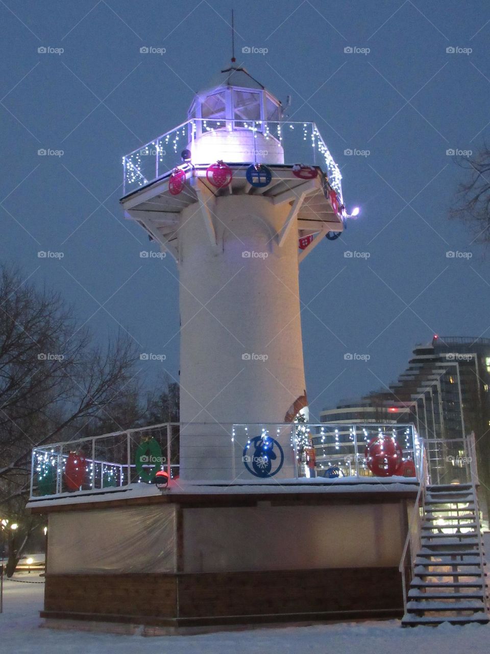 lighthouse decoration with New Year's lighting in a park in the Russian city of Voronezh