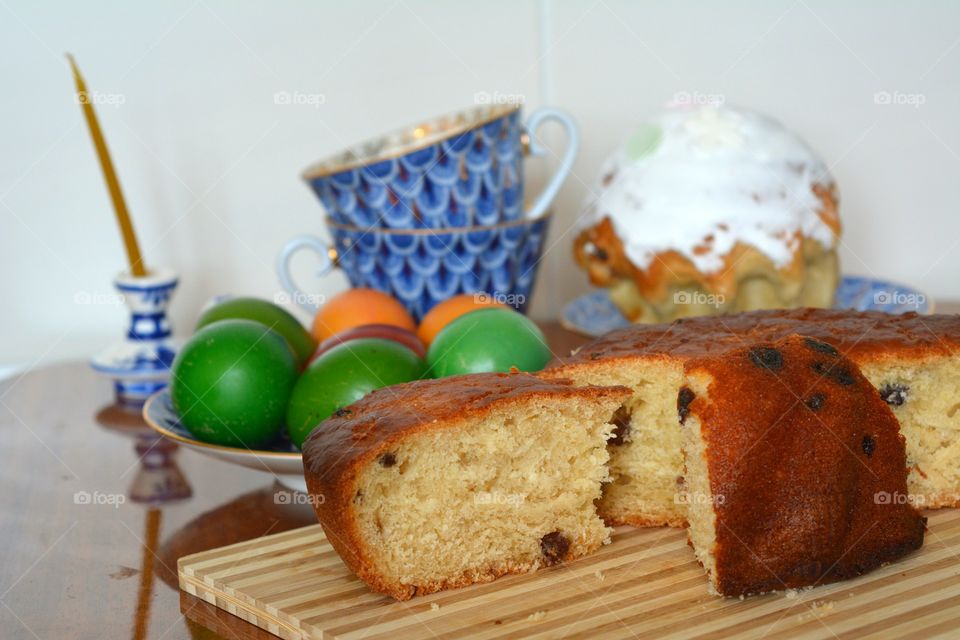 Easter eggs colorful and cake traditional spring holiday