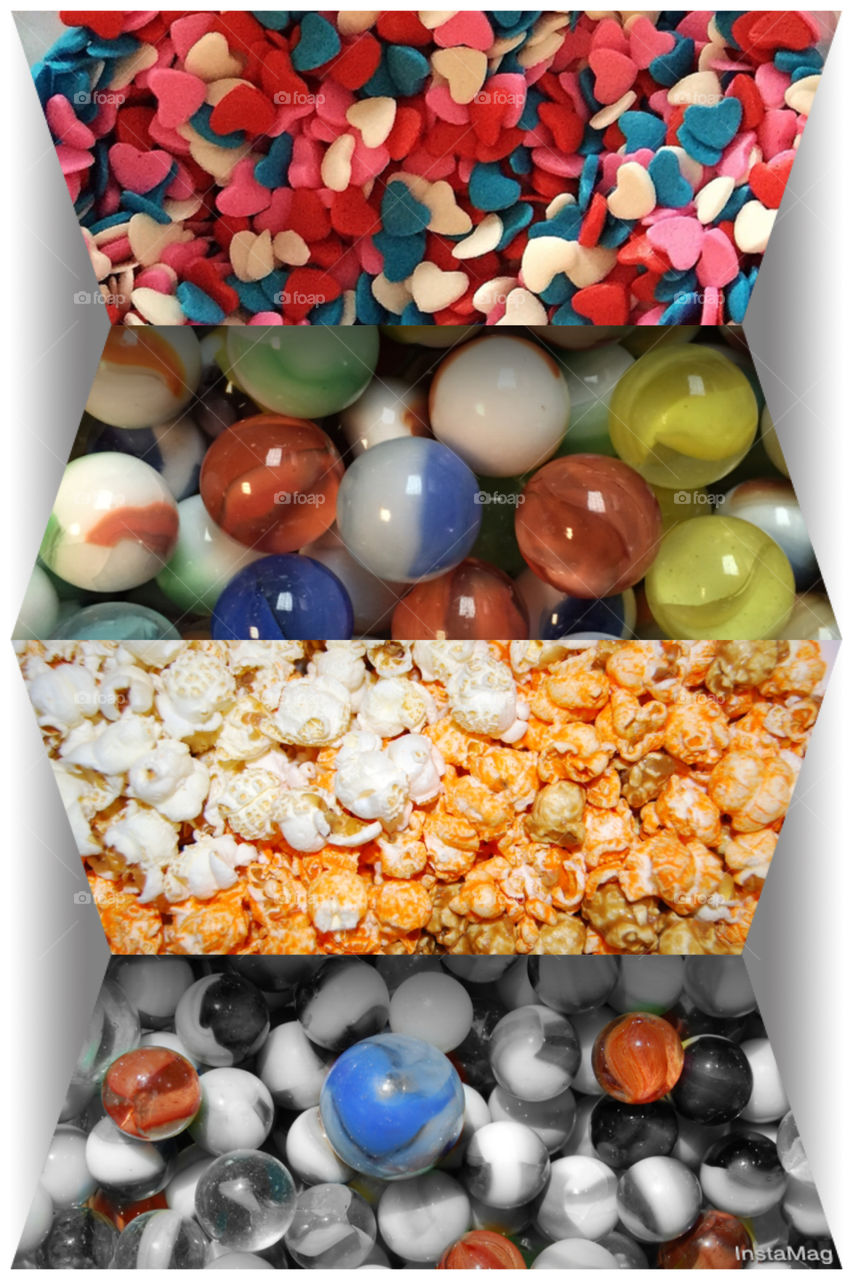 Collection of hearts marbles and popcorn