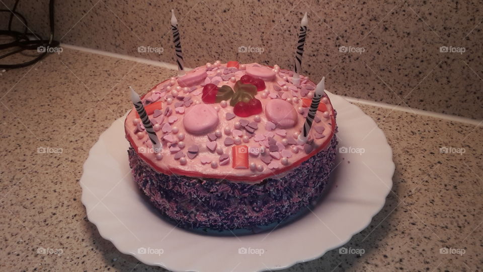 Pink Girly Birthday Cake Decorated With Sweets And Candles