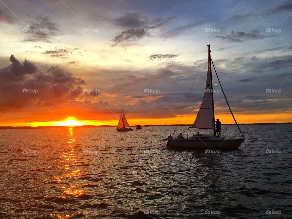 Sunset, Water, Sailboat, No Person, Watercraft