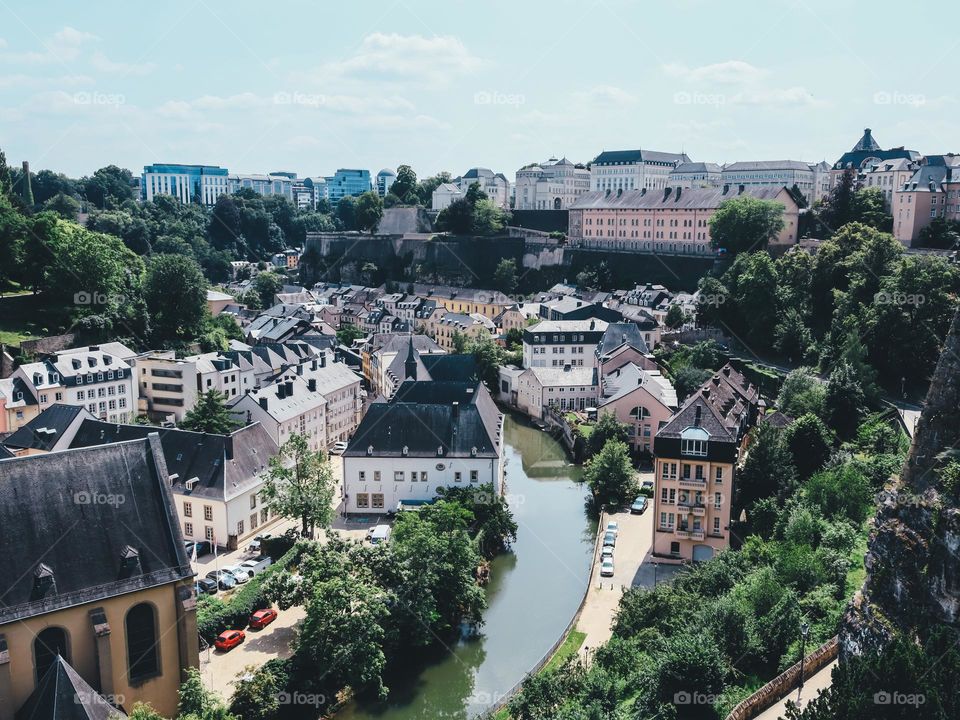 Beautiful panoramic view of the urban and landscape landscape of the lower city in Luxembourg Europe on a clear sunny day, side view from a height close-up.