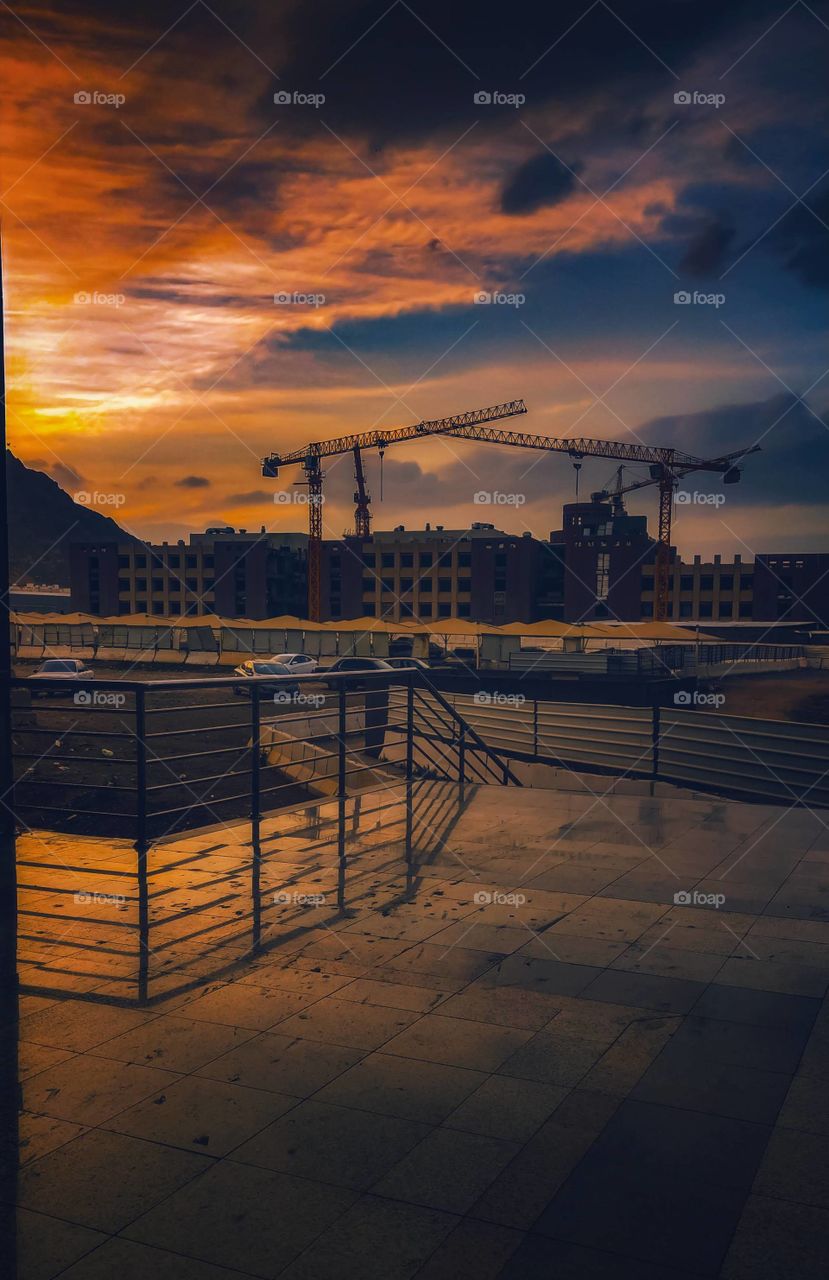 Sunset, Dawn, City, Sky, Industry