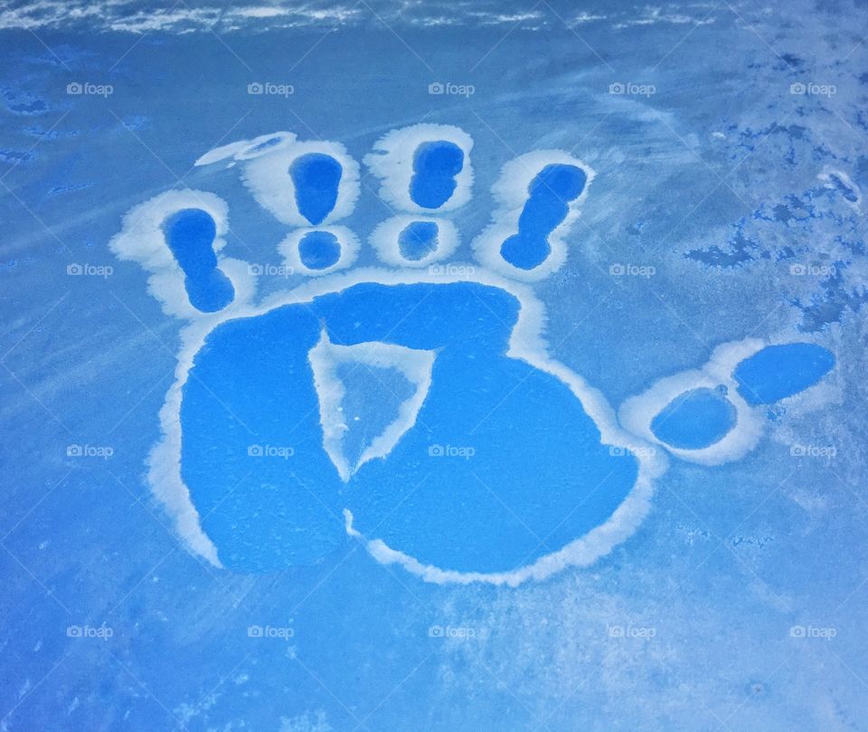 Frozen handprint on glass