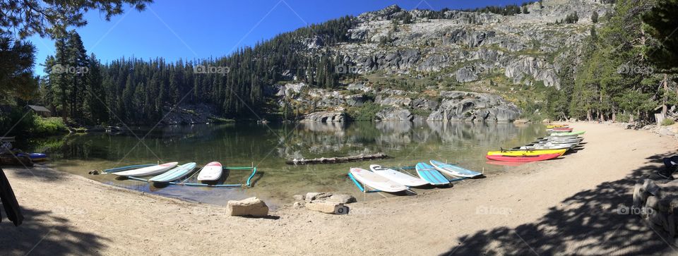 Angora Lake near Lake Tahoe. Lake with Paddle Board & Canoes 