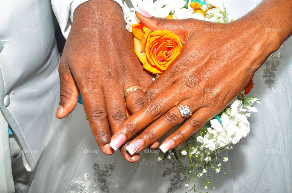 Wedding Hands with Rings and Orange Rose in the Middle