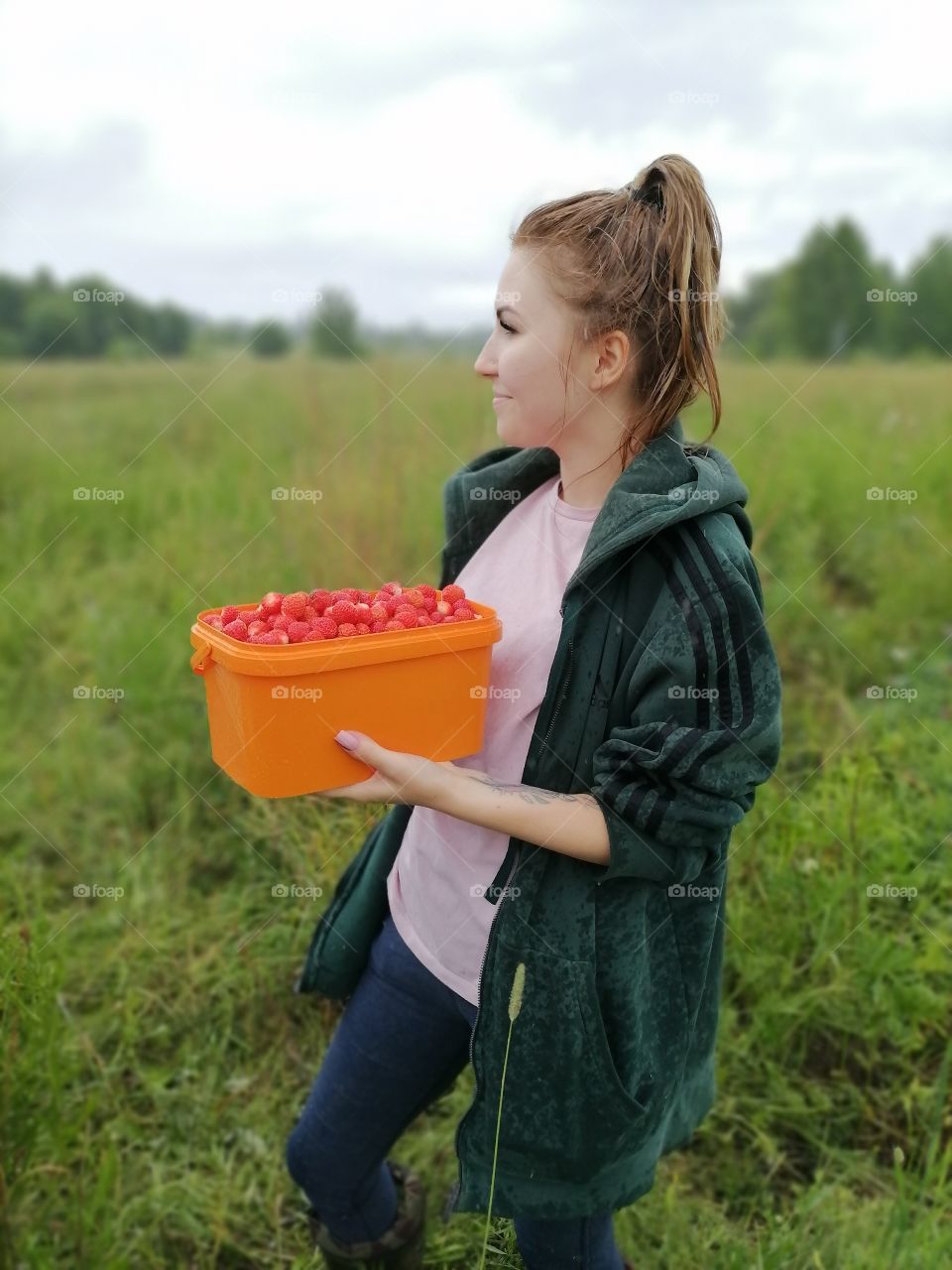 Strawberry, summer, girl in the field, field, grass, wet hair, nature, berries, woman, harvest